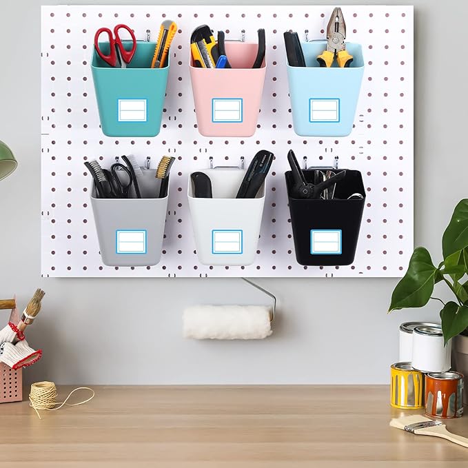Namalu 12 Pack Peg Board Storage Bins with Labels and Hooks Square Box Shape Pegboard Cup Holder Accessories Pegboard Organiz