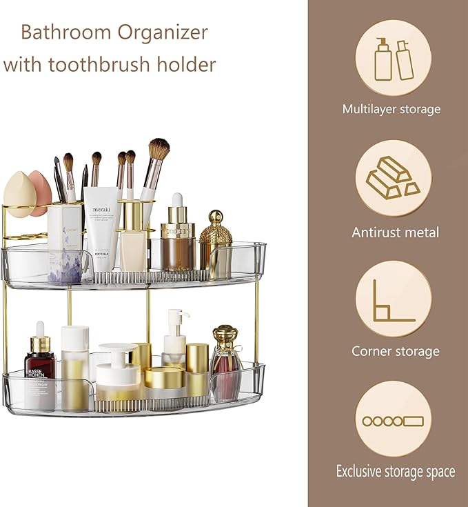 FELIZHOUSE 2-Tier Makeup Organizer for Vanity & Bathroom Countertop – Acrylic Storage Shelf with Perfume Tray & Makeup Brush 