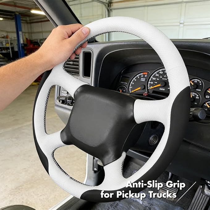 MEWANT Hand Stitch Steering Wheel Cover for Chevy Silverado 1500 2500 3500 1999-2002 Tahoe Suburban 1998-2002 Astro Blazer S10 Kodiak C/K White Black Faux Leather Custom-Fit Anti-Slip Interior Wrap