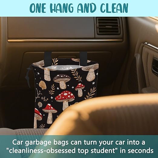 Car Garbage Bag Mushrooms and Golden Leaves Hanging Canvas Car Trash Bag Drawstring Car Back Seat Organizer for Car Back Front Seat Console with Adjustable Buckle