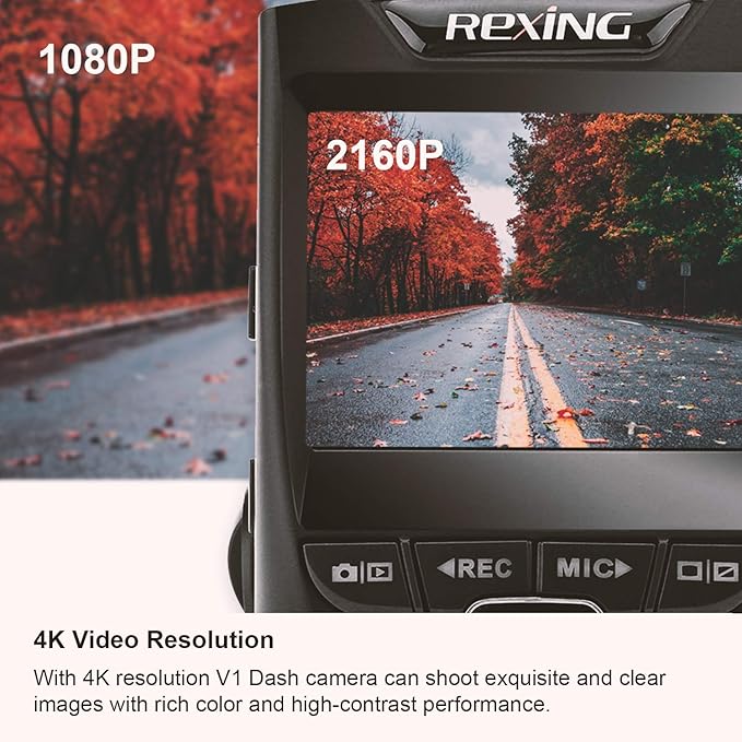 REXING V1 - 4K Ultra HD Car Dash Cam 2.4" LCD Screen, Wi-Fi, 170° Wide Angle Dashboard Camera Recorder with G-Sensor, WDR, Lo