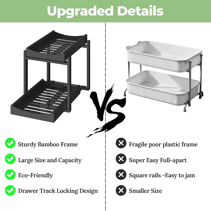 Bamboo Under Sink Organizer and Storage, 2 Pack Pull Out Cabinet Organization, 2 Tier Vertical Slide Out Undersink Storage Sh