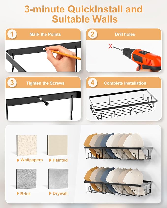 4 Pack Hat Rack for Wall Holds 112 Caps Hat Organizer for Wall Mounted Hat Holder on Wall Hat Organizer for Baseball Caps Hat