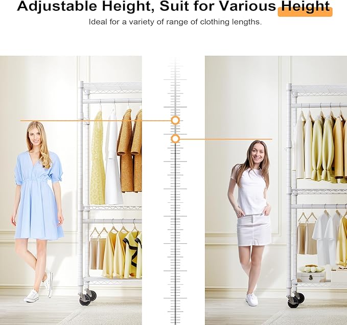 M MZG Heavy Duty Rolling Garment Rack 3 Tiers Adjustable Wire Shelving Clothes Rack with 2 Rods and Side Hooks,Storage Closet