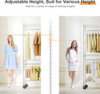 M MZG Heavy Duty Rolling Garment Rack 3 Tiers Adjustable Wire Shelving Clothes Rack with 2 Rods and Side Hooks,Storage Closet
