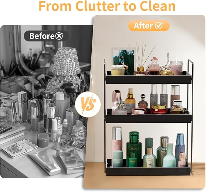 Bathroom Countertop Organizer, 3 Tier Metal Vanity Counter Skincare Shelf, Matte Black Under Sink Standing Rack With Acrylic 