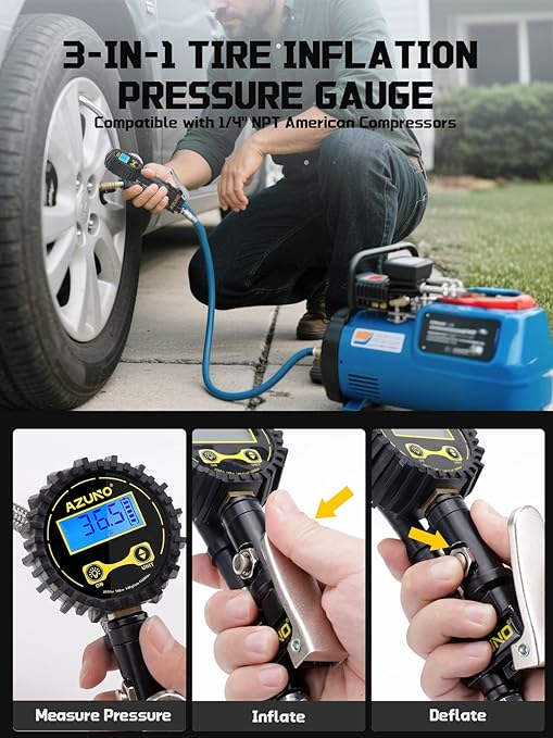 AZUNO Digital Tire Inflator with Pressure Gauge, 200 PSI (0.1 Res) w/LED Flashlight, Heavy Duty Air Compressor Accessories 7pcs Set, w/Lock on Air Dual Head Chuck and 90° Tire Valve