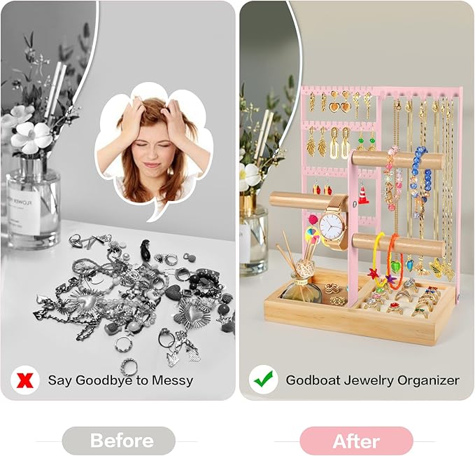 Godboat Jewelry Organizer - Earring Holder with 48 Holes, 6 Hooks Necklace Organizer, Bracelet and Ring Stand with Jewelry Bo