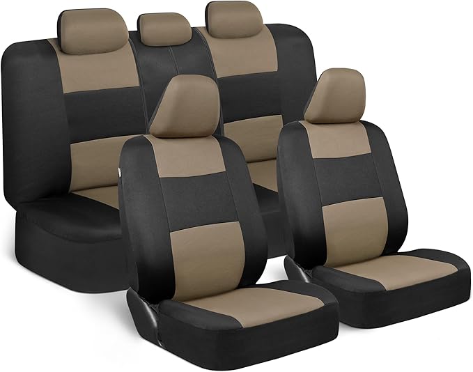 BDK PolyPro Car Seat Covers Full Set in Beige on Black – Front and Rear Split Bench Seat Covers for Cars, Easy to Install Car