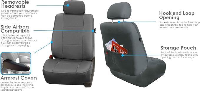 FH Group Front Set Faux Leather Car Seat Covers for Low Back Seat with Removable Headrest, Universal Fit, Airbag Compatible S