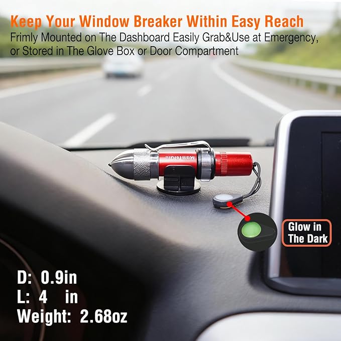 4-in-1 Car Emergency Escape Tool, Spring-Loaded Window Breaker & Seatbelt Cutter with Tungsten Steel Hammerhead, Anti-Slip Lu