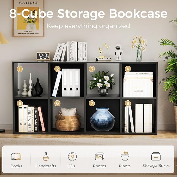 COMHOMA 8 Wood Cube Storage Organizer with Open Back and Removable Back Panels, 11In Black Cube Storage Bookshelf, Cubicle Sh