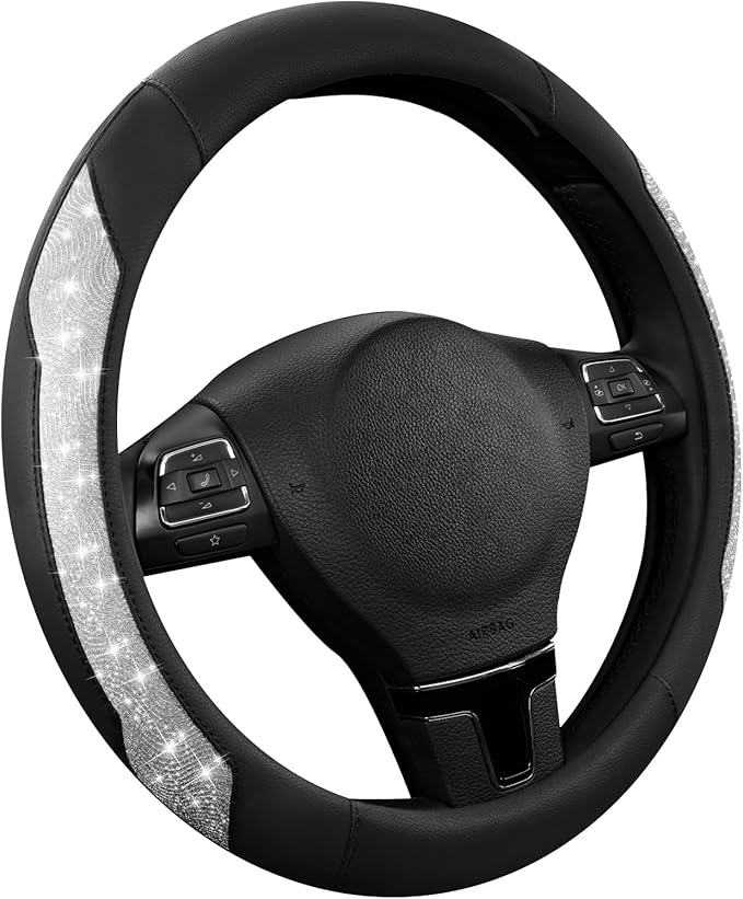 PIC AUTO Steering Wheel Cover, Silver Sparkly Crystal Bling Glitter with Leather, Universal Fit 14.5"-15.5" Car Steering Whee