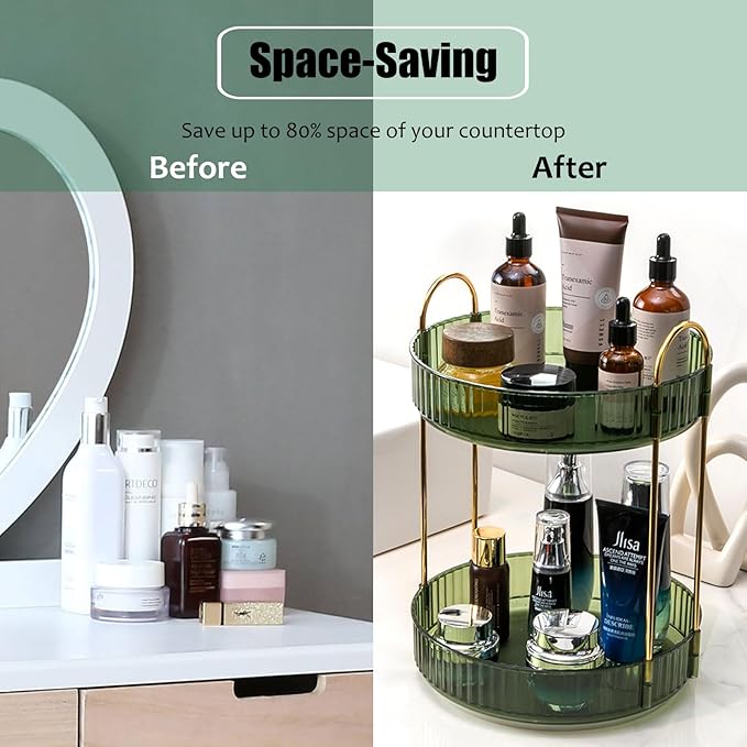 Rotating Makeup Organizer Countertop 2 Tier Lazy Susan Trays Clear Skincare Perfume Storage for Bathroom Counter Vanity, Gree