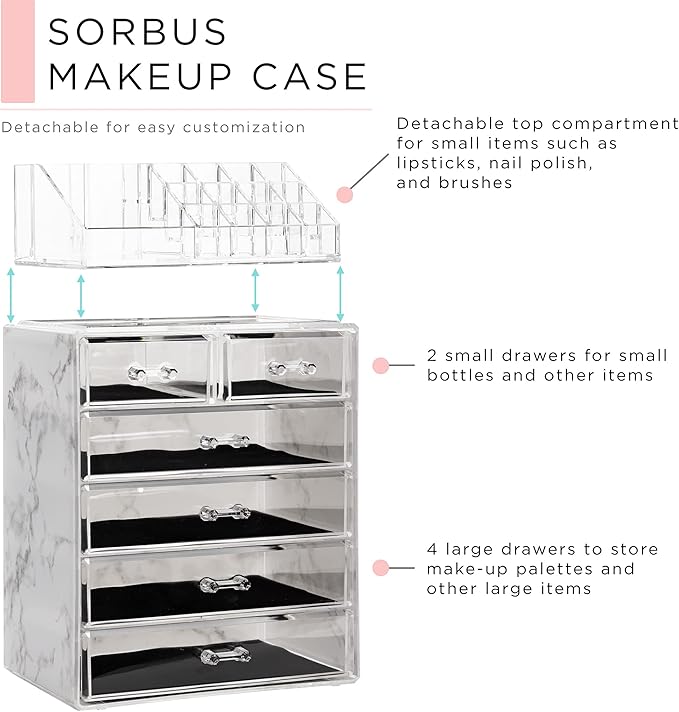 Sorbus Acrylic Makeup Organizer Set, 6-Drawer Vanity & Countertop Cosmetic Storage with Small & Wide Compartments, Marble Pri