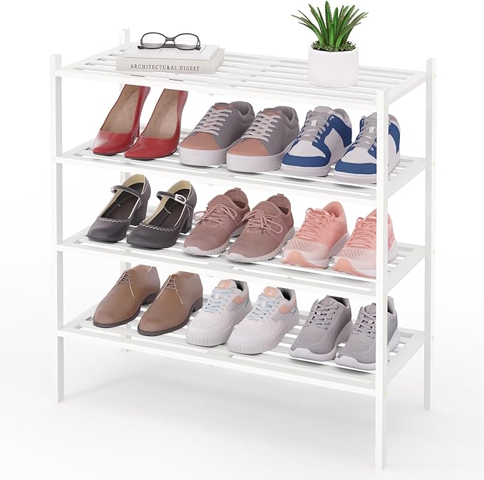 Smiry Bamboo Shoe Rack 4-Tier, Stackable Wooden Shoe Organizer for Entryway & Closet, Free Standing Wood Shoe Storage Shelf f