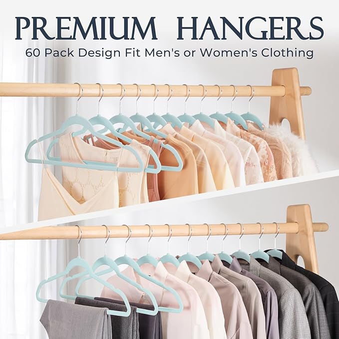 HOUSE DAY Sky Blue Velvet Hangers 60 Pack, Non Slip Clothes Felt Hanger Heavy Duty for Coat, Premium Slim Space Saving Suit H