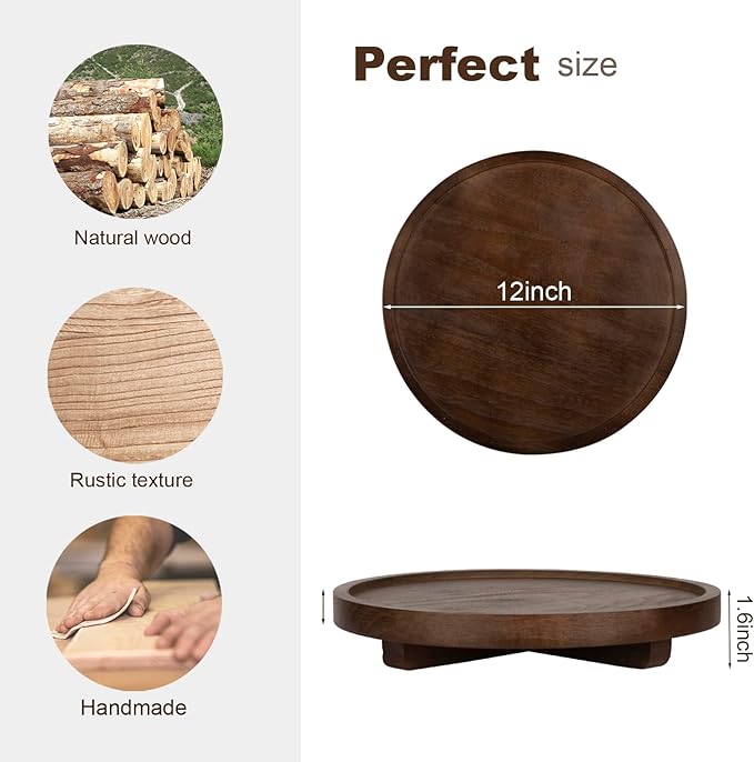 Round Decorative Tray Wood Bathroom Counter Organizer Farmhouse Kitchen Decor Wooden Riser for Soap Dish, Perfume, Candle, Sp