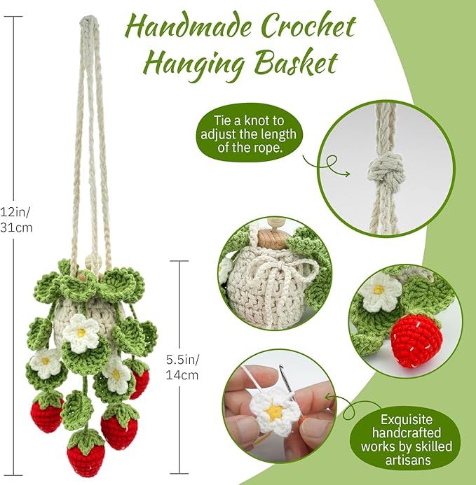 Crochet Car Air Freshener, 15ml Empty Refillable Oil Diffuser Bottle with Hanging Crochet Strawberry Plant for Car Rearview M