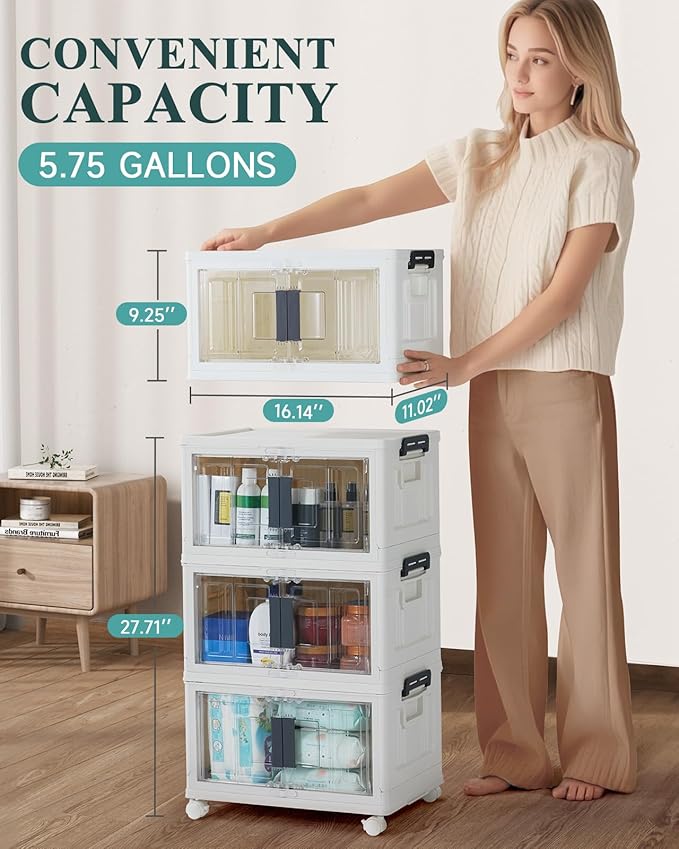 OlarHike 23QT Stackable Storage Bins with Lids - Folding Storage Box with Doors and Wheels, Collapsible Plastic Storage Bins 