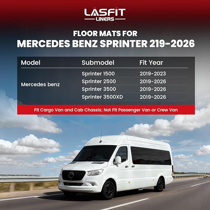 LASFIT Floor Mats for Mercedes Benz Sprinter 1500/2500/3500 2026 2025 2024 2019-2023 (Fit Cargo Van & Cab Chassis), All Weatehr TPE Floor Liners Custom Fit Sprinter 1st Row with Center Aisle Liner