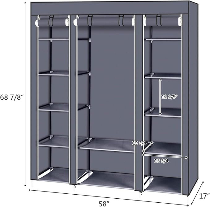 lapday 59 inches Portable Closet Wardrobe, Non-Woven Fabric Closet Storage Organizer with Hanging Rods &12 Storage Shelves, Q