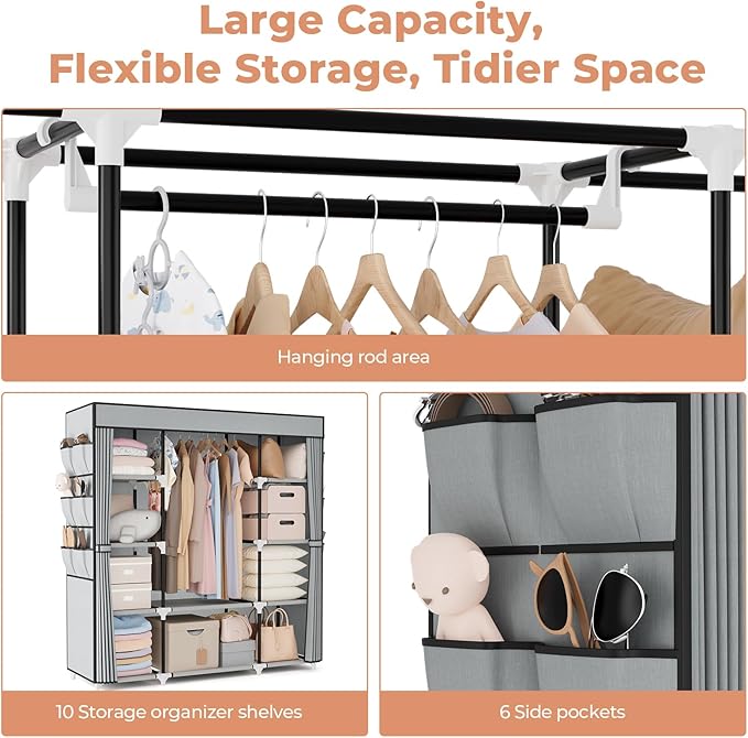 VTRIN Portable Closet Wardrobe for Hanging Clothes 57.3 Inch Large Capacity Clothes Rack with Cover, 10 Storage Organizer She