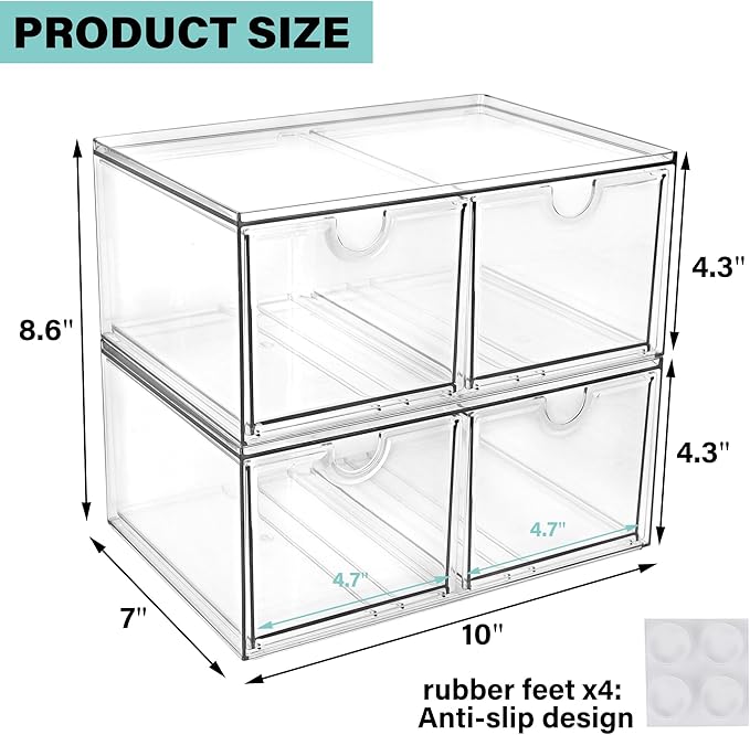 Prsildan Stackable Clear Makeup Organizer, 2 Pack Acrylic Storage Drawers with 4 Drawers for Vanity Bathroom Office Desk Modu