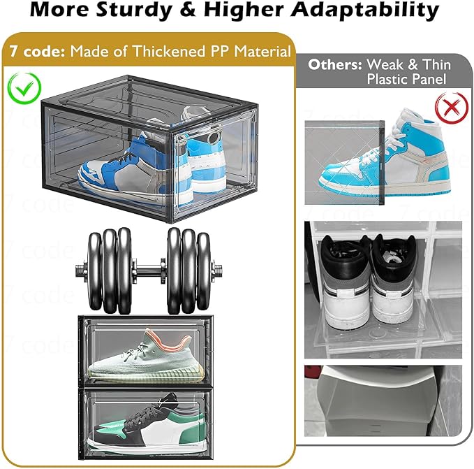 7 code Thicken & Sturdy Clear Shoe Storage Organizer with Magnetic Door, Stackable Boxes for Closet, Foldable Shoe Rack for S