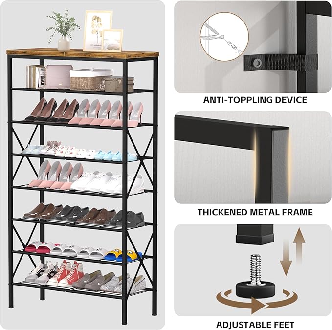 8 Tiers Tall Shoe Rack Organizer, Large Capacity Shoe Rack Holds 32 Pairs of Shoes, Durable and Stable, Adjustable Metal Shel