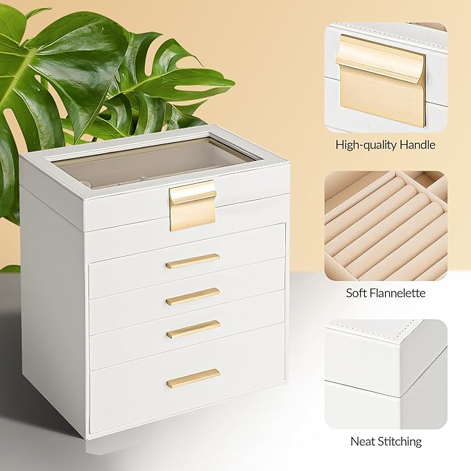 Somduy Jewelry Box, 5 Layers Jewelry Storage Display Box with Glass Lid for Women, 4 Drawers,Large Capacity for Necklace Earr
