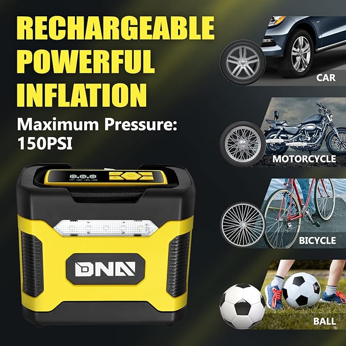 ‎DNA MOTORING TOOLS-00211 Yellow 12V DC Digital Tire Inflator Portable Air Compressor with Pressure Gauge for Cars, Bicycles, Motorcycles,Balls