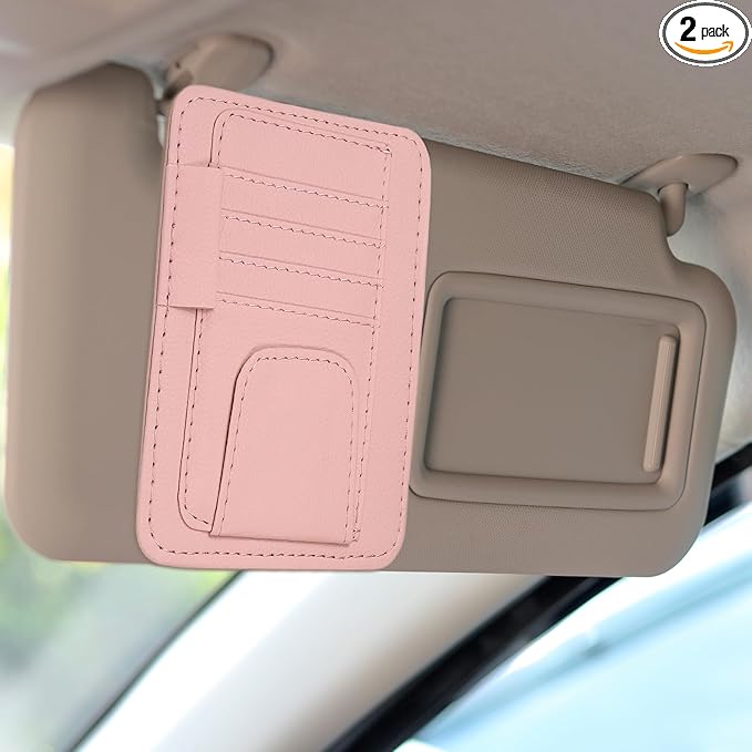 HARFINGTON 2Pcs Car Sun Visor Organizer 6.02" x 4.76" Leather Multi-Pocket Visor Card Sleeve Pocket Car Truck SUV Interior Storage Pouch for Driving License Credit Card Bill Sunglasses, Pink