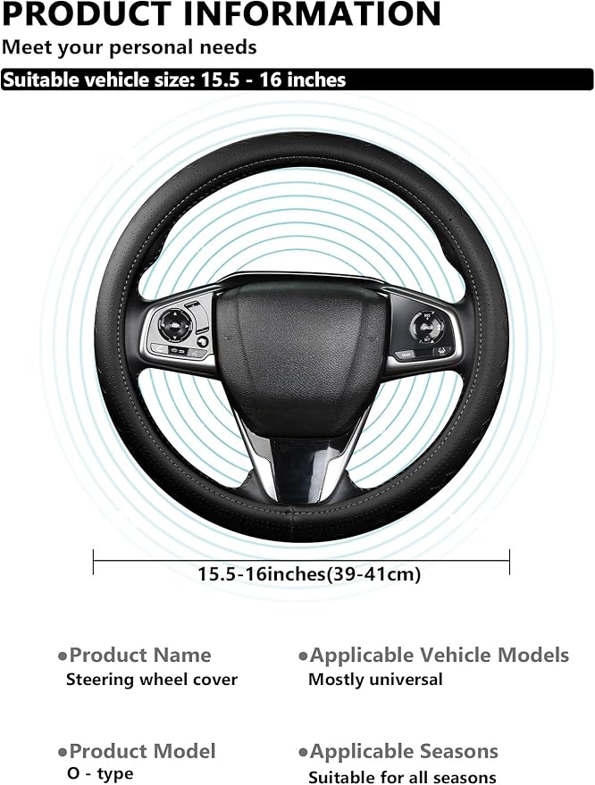 Cxtiy Genuine Leather Steering Wheel Cover, Premium Black Soft Perforated Breathable, Fits 15.5-16 Inch Wheels