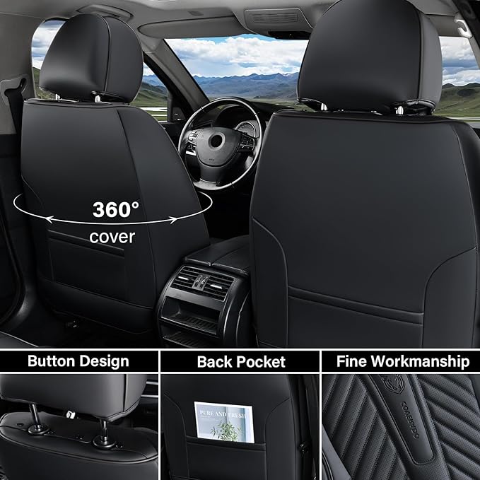 Coverado Seat Covers Full Set, Luxury Leather Car Seat Covers for Car with Lumbar Support, Automotive Seat Covers Waterproof 