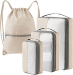 4 Set Compression Packing Cubes for Travel, Bonus Versatile Drawstring Backpack, Lightweight Luggage Organizer Bags, Sturdy T