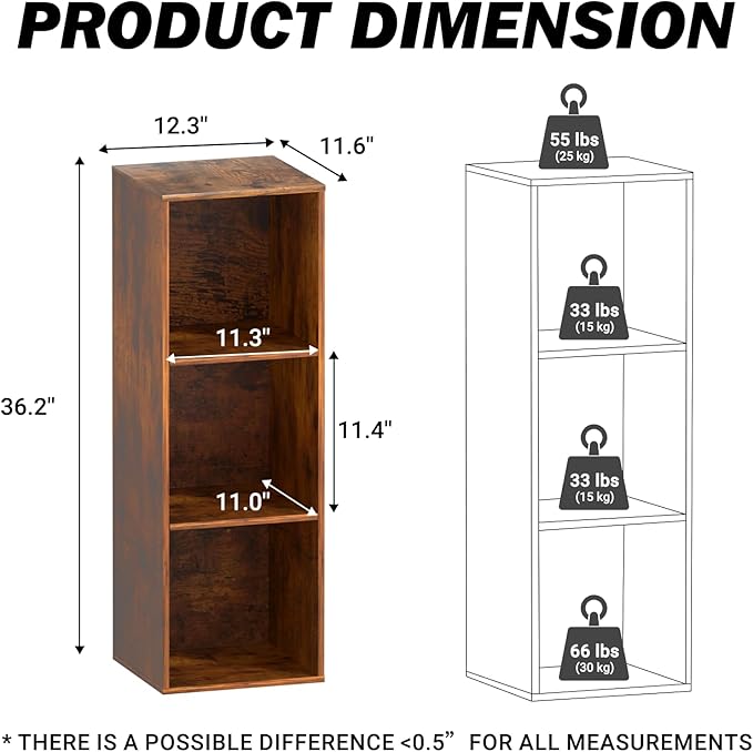 Cube Storage Organizer, 3 Cube Retro Bookshelf, Freestanding 3 Tier Open Shelf, Rustic Brown Retro Shelves for Home Office, B