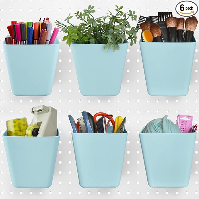 G.CORE Large Pegboard Cups Peg Board Storage Bin 6 Pack with Hooks, Square Box Shape Pegboard Cup Holder Accessories for Gara