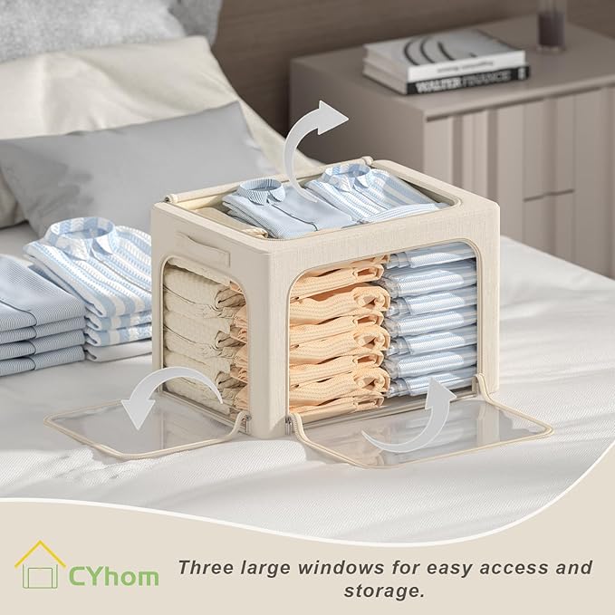 3 Openings Clothes Storage Bins Box - 3Pack Stackable Foldable Storage Bin - Metal Frame Storage Box Clothing Storage Organiz