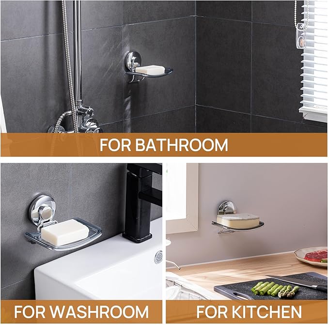 LEVERLOC Chrome Suction Cup Soap Dish Holder for Shower Wall Drill-Free Rustproof Waterproof Wall Mount Strong Suction Remova