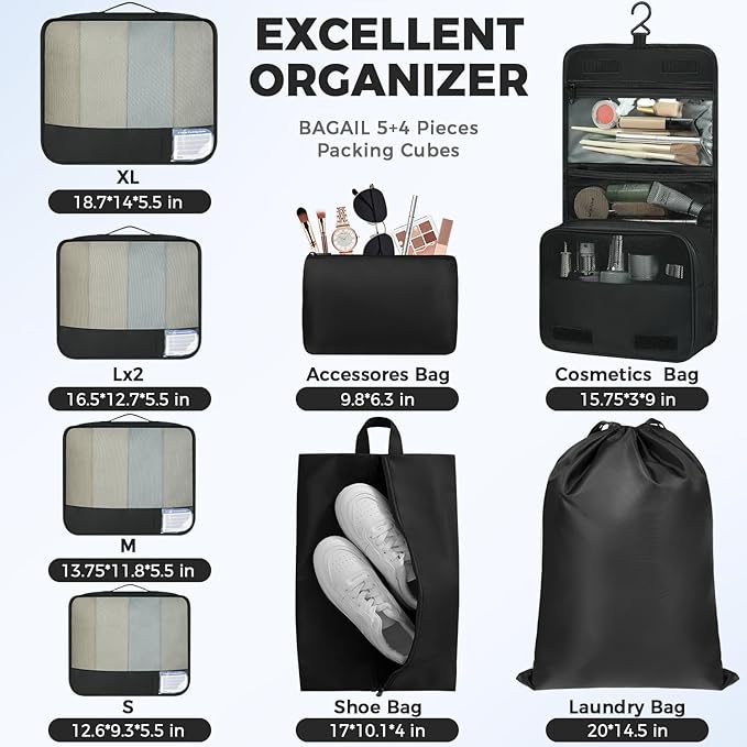 BAGAIL 9 Set Packing Cubes with Packing List Luggage Packing Organizers for Travel Accessories (Black)