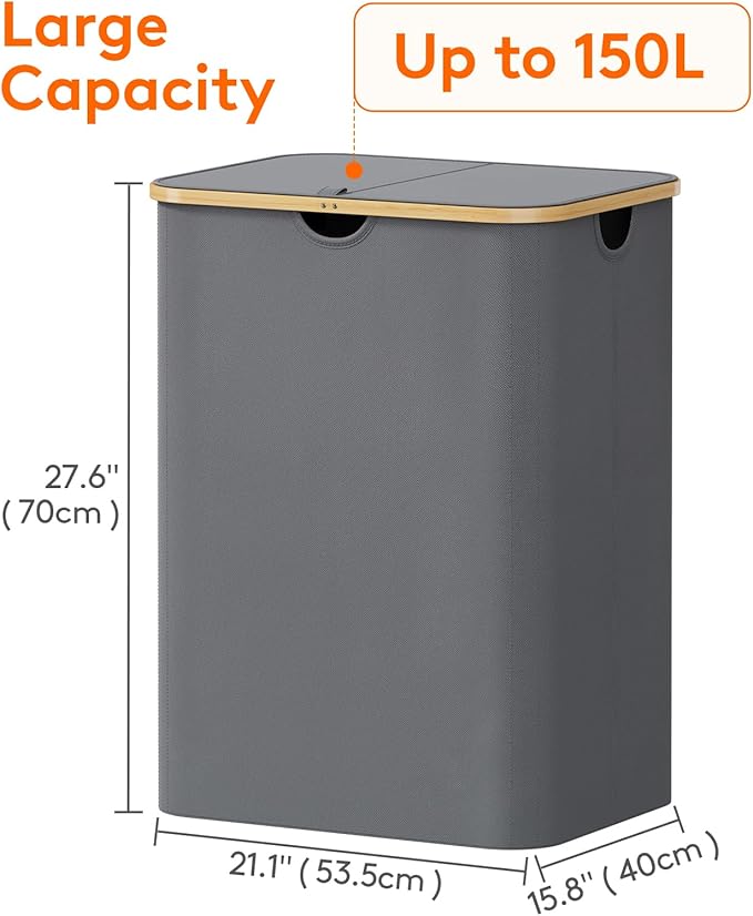 Lifewit 150L Laundry Basket with Lid, Clothes Hampers for Laundry with Bamboo Handles and 2 Removable Bags, Large Foldable La