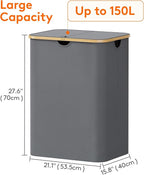 Lifewit 150L Laundry Basket with Lid, Clothes Hampers for Laundry with Bamboo Handles and 2 Removable Bags, Large Foldable La