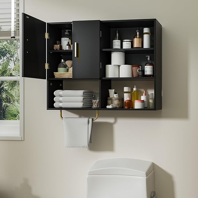 Bathroom Wall Cabinet Wood Large Wall Mounted Medicine Cabinet with 2 Doors and 4 Open Shelves Over Toilet Storage Cabinet Or