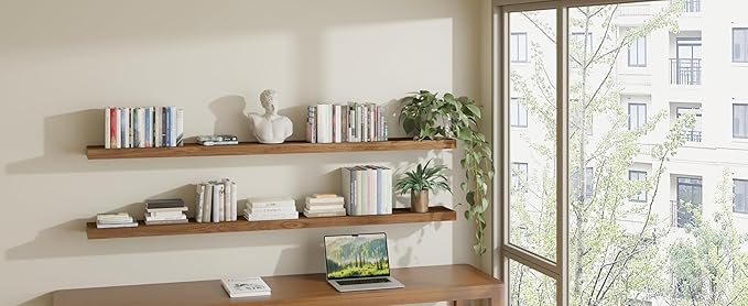 ROGMARS 72 Inches Long Walnut Floating Shelves,Rustic Solid Wood Farmhouse Wall Shelves with Invisible Brackets for Bathroom,