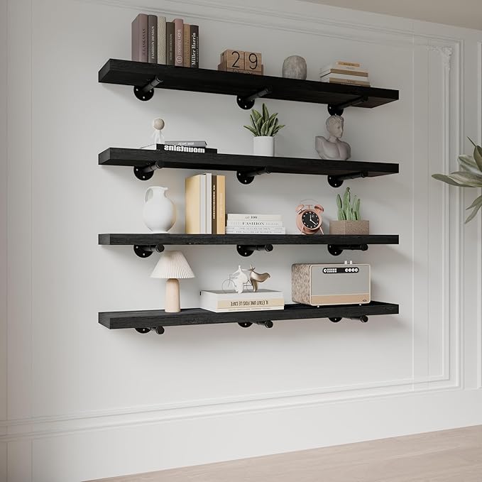 Industrial Pipe Wall Wood Shelves,Real Wooden Shelves 48" Modern Floating Shevles for Wall Bookshelf Shelving Units for Rusti