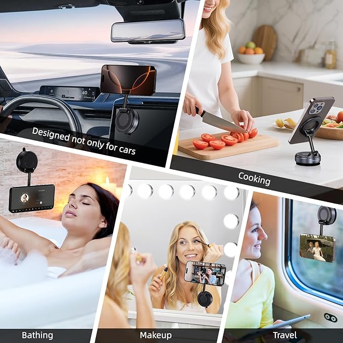 Vacuum Magnetic Car Phone Holder for Magsafe, Hands-Free 360° Adjustable Suction Cup Phone Mount for Car/Gym/Mirror/Smooth Surface, Compatible with iPhone & Android (Space Grey)