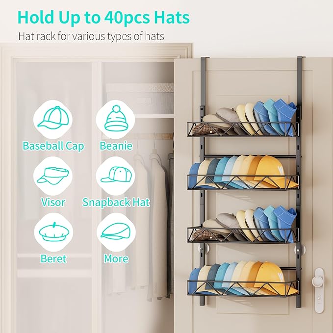 HapiRm Over the Door Hat Organizer - 4 Tier Wall Mounted Hat Rack with 4 Adjustable Metal Basket, Baseball Caps Organizer Sto
