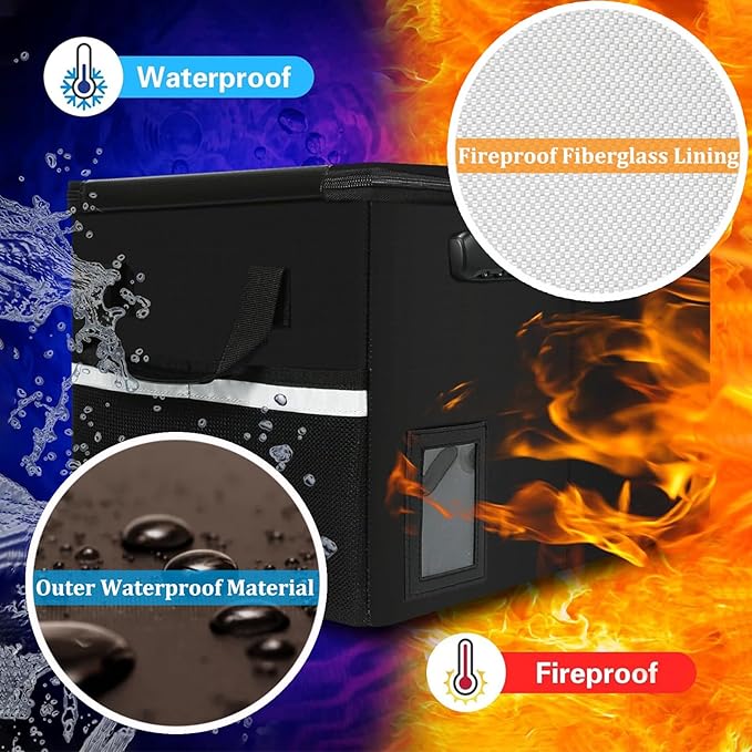 File Box with Lock 5200°F with Heat Insulated,Fireproof Box File Storage Organizer Anti-Static,Collapsible Fireproof Document