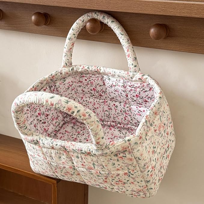 Small Storage Basket Organizer, Mini Fabric Floral Storage Baskets with Handle, Quilted Portable Collapsible Storage (O)